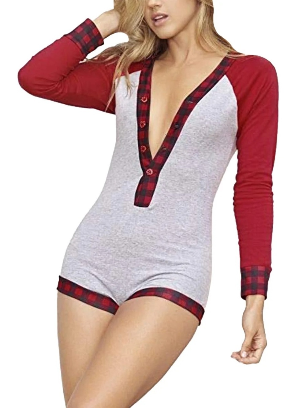 (M) Women's Red & Gray Long-Sleeve Henley Romper - 7282